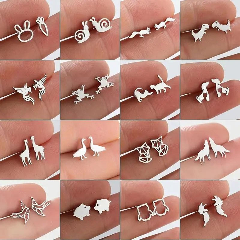 Multiple Stainless Steel Animal Stud Earrings Women Minimalist Rabbit Dog Cat Dinosaur Earings Piercing Jewelry Snail Oorbellen