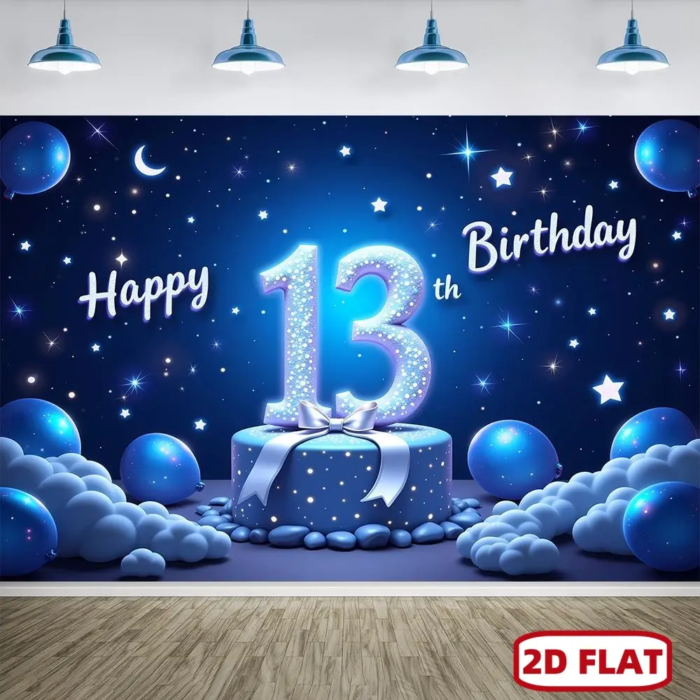 1-Piece Printed Polyester 2D Flat Fabric Backdrop, Happy 13th Birthday Wall Decoration Banner with Cake & Balloons on Blue Background, Festival Party Supplies for Indoor Ceremony & Party Photo Booth