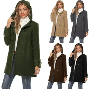 Yeokou Women's Warm Double Breasted Wool Pea Coat Trench Coat Jacket with Hood