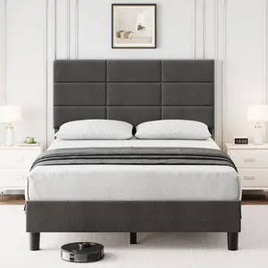 Bed Frame with Adjustable Upholstered Headboard, Strong Wood Slats, No Box Spring Needed