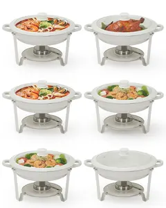 Maifanite-Coated Chafing Dishes for Buffets, 6 Pack 5.3QT White Round Chafing Dish Set with Transparent Lids, Stainless Steel Commercial Food Warmer for Parties, Weddings, Restaurants & Catering, Sturdy, Stackable
