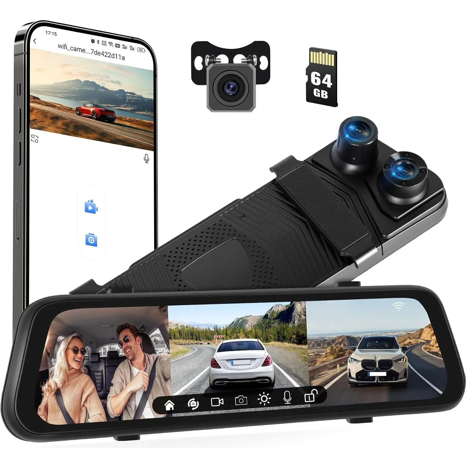 1080P Rear View Mirror Camera with 9.66" Touch Screen Triple Mirror Dash Cam Front and Rear Inside with Card, Night Vision, Reverse Assist, Backup Camera for
