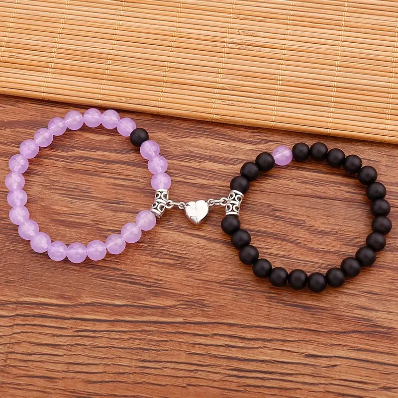 {Bracelet} Personalized and fashionable love magnet couple bracelet, minimalist style frosted stone powder, white, black mixed matching couple bracelet Jewelry Charms
