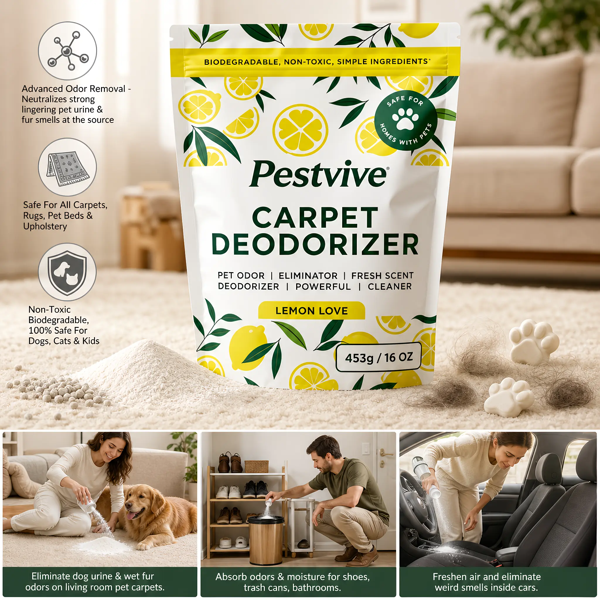 Carpet Deodorizer & Freshener Powder | 16 oz Pet Odor Eliminator for Strong Odor & Pet Urine | Fresh Natural Lemon Scent | Safe for Homes with Pets