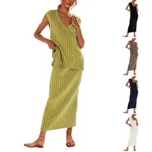 Kingapril Women's 2 Piece Sweater Skirt Sets Sleeveless V Neck Knit Ribbed Vest Tops Midi Skirt Basic Casual Fitted  Minimalist Suits