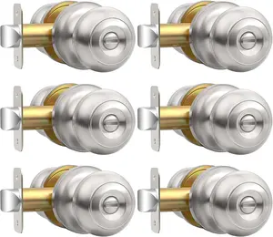 Door Knob, Brushed Nickel Door Knobs Interior Keyless Locks Set(6 Pack), Bedroom Bathroom Door Knob with Lock, Reversible for Left/Right Door Handle