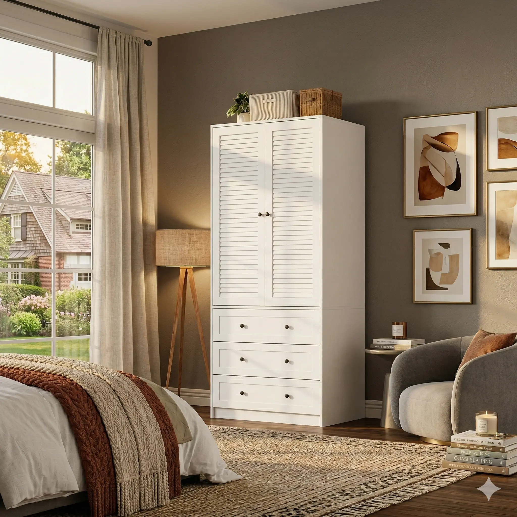 ZR-GARVEE Modern 3 Door Shutter Wardrobe with Drawers Large Bedroom Armoire with Anti Tipping Design Stylish and Durable Clothes Storage Cabinet