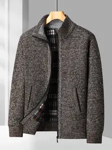 Men's Winter Knit Cardigan, Stand Collar Fleece Lined Thick Sweater, Zip Design, 100% Polyester, Casual Versatile Top, Casual Jacket, Youth Trend Outerwear,Dad Gifts