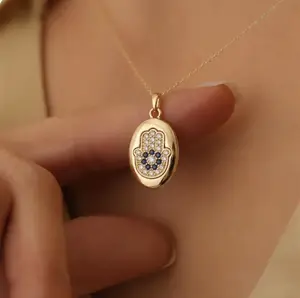 14K gold Hamza hand-shaped pendant set with colorful rhinestones, intended for seeking protection and good luck; suitable as a charm for bracelets or necklaces; an unisex gift,Gift Idea for Mother Teacher Nurse