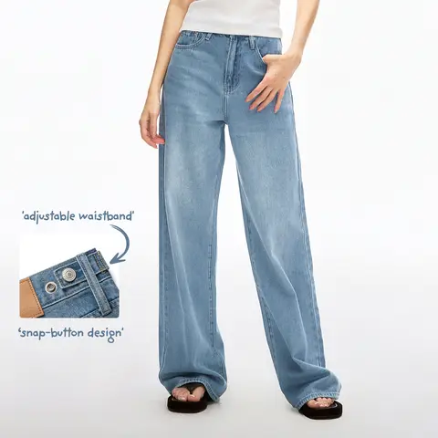 Nextrys AdaptHer Women's High-Rise Wide Straight Leg High Rise Slouchy Jeans - Adjustable Snap-Button Waistband, Lightweight Tummy Control Polyester-Spandex Basic Bottom, Streetwear Casual Everyday Use