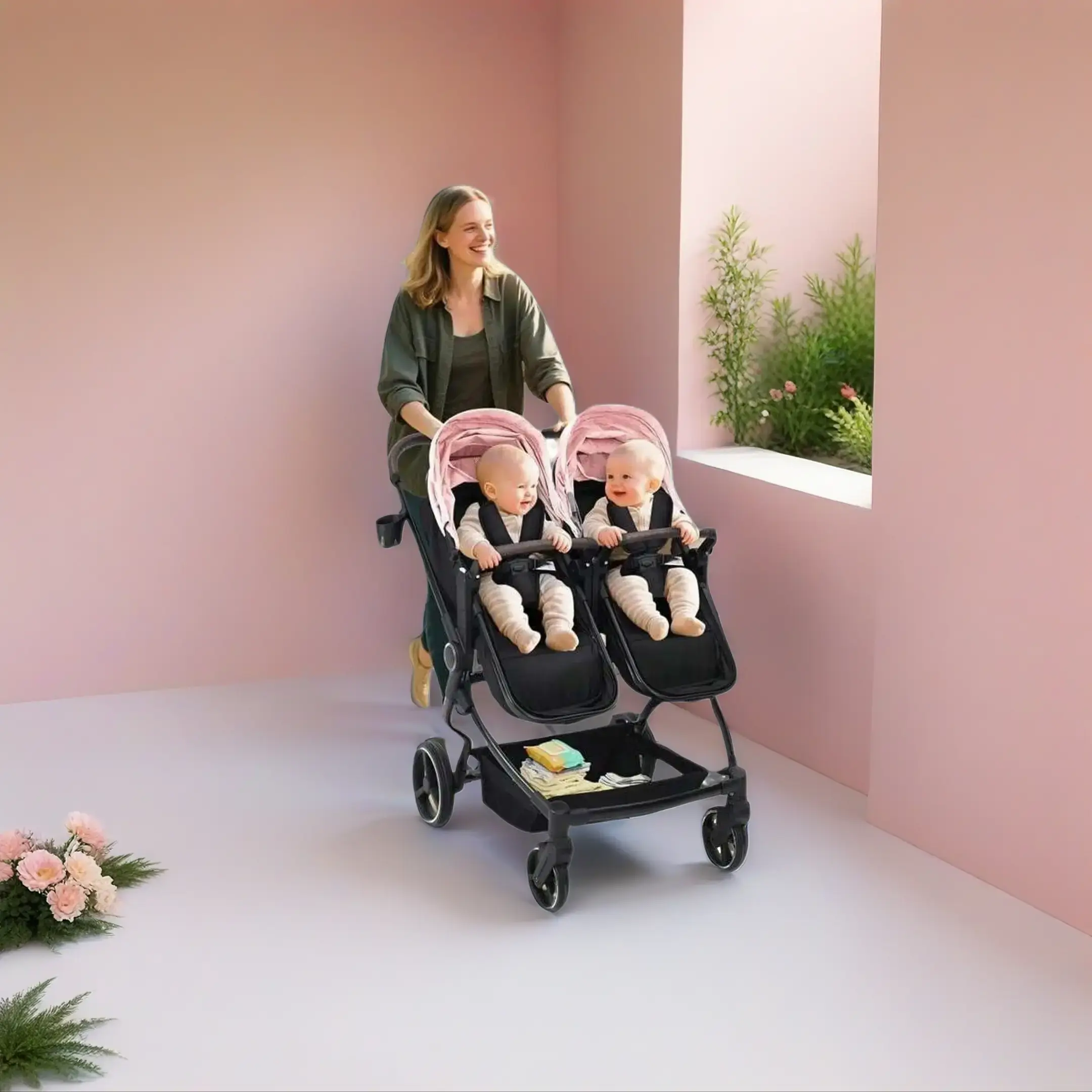 Side-by-Side Double Stroller for Babies and Toddlers, Lightweight Compact Folding Travel Pushchair with Large Storage Basket, Strollers For Babies And Toddlers, Travel Friendly Stroller