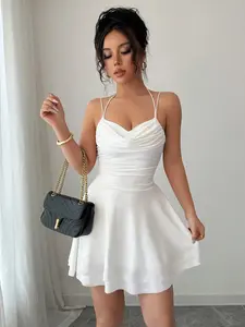 French Style Sexy Spaghetti Slim-Fitting Ruched Dress, Plain Color Backless Party Gown, Perfect for Graduation Season, Women's Elegant Clothing