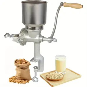 Heavy-duty cast iron manual grain mill and coffee grinder - For dry/wet grinding of wheat, corn, grains, and flour | Tall design, silver surface.