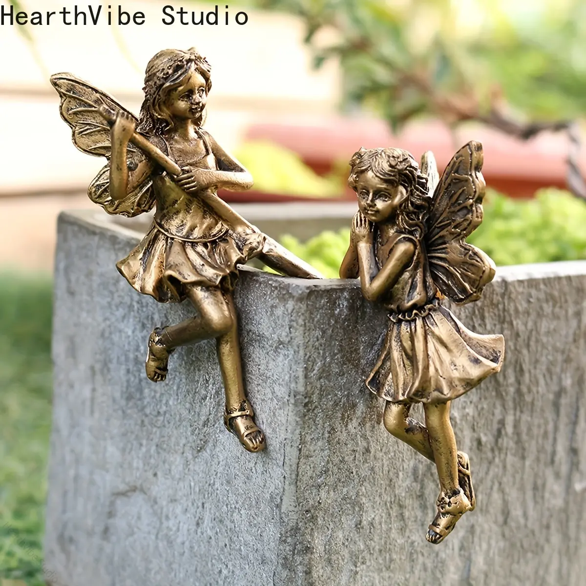 2pcs Hand-Drawn Copper Fairy Resin Figurines - Garden Decor, Outdoor Bonsai & Green Plant Pendant, Easy Gardener Accessory for Outdoor, Backyard & Flower Gardens, Outdoor Garden Accessories