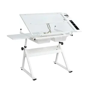 Drafting Table w/Stool, Height Adjustable Drawing Table, Multifunctional Art Craft Paintings Work Station w/2 Storage Drawers Artists Desk Tilting Glass Tabletop for Home Office, White