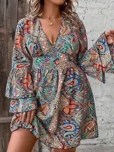 【Plus Size】 All Over Paisley Print Ruffle Trim Flounce Sleeve Dress, Boho Deep V Neck Long Sleeve A Line Dress for Vacation Holiday Wedding Guest, Women's Clothes for Fall & Winter