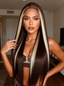 Synthetic Lace Front Wig Glueless Wigs Pre Plucked Pre Cut for Beginners Wear and Go Long Layered Straight Synthetic 13*4*1 Lace Front Wigs with bangs 30 Inch Natural 3 Seconds to Wear for Beginners Beginner Friendly Wigs