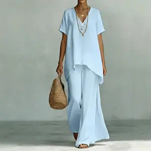 2026  V-Neck Short-Sleeve Fashionable Loose-Fit Top and Wide-Leg Pants Set, Women's Casual Vacation and Walking Set-Women's Short-Sleeve Top + Wide-Leg Pants Set-Women's Loungewear-Holiday Gift for Women Lounge matching Clothes Womenswear