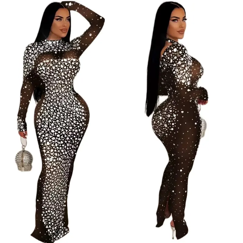 Take Me to Paris Rhinestone Women's Classy Maxi Party Dress with Long Sleeves and Elegant Rhinestone Embellishments