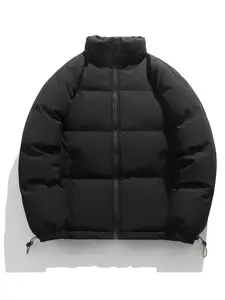 Men's Solid Thicken Zip-Up Drawstring Down Jacket, Loose Fit Puffer Jacket, Menswear, Casual Thermal Pocket Funnel Neck Outwear for Fall & Winter, Zip Up Coats, Quilted Puffer Jackets