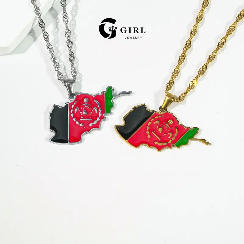 GGIRL Ethnic Pattern Artificial Gemstone Necklaces & Pendants - Stainless Steel Afghanistan Map Unisex Jewelry with Daily Versatile Chain, Titanium Steel Dripping Design Accessories for Birthday, Engagement, Anniversary