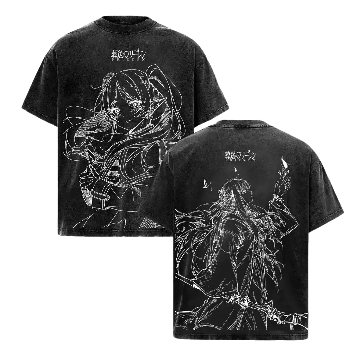 Fern Frieren Beyond Journey's End Anime Double Printed Vintage Washed Tee Unisex Oversize Heavyweight Cotton T-shirt for Anime Fans and Lovers