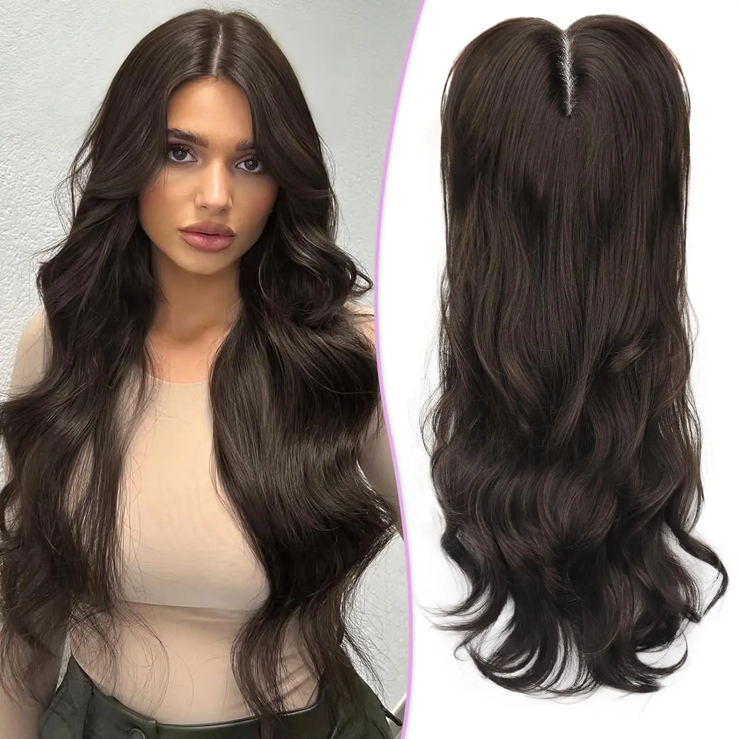 [AISI HAIR] Dark Brown Curls Long Synthetic Hair Topper for Women with Thinning 3D 360° Cover Clip in  Bangs