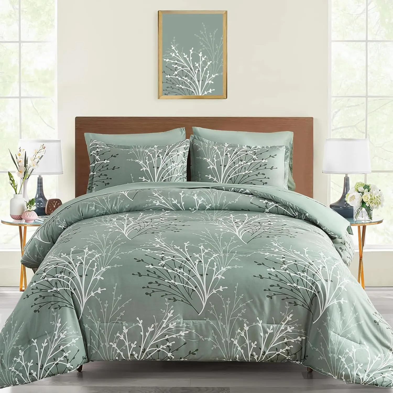 Sage Green Comforter Set  Size Branch Botanical 7 count Bed in a Bag Light Green Floral Bedding Sets, Soft Microfiber Branches Leaves  Reversible Comforter Set for  Season (104''x90'')
