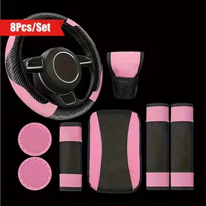 8-piece automotive carbon fiber patterned PU leather interior kit, including steering wheel cover, armrest pad shoulder protection, coaster, manual brake protection cover, etc., is a must-have for stylish interior, anti slip and sweat absorbing