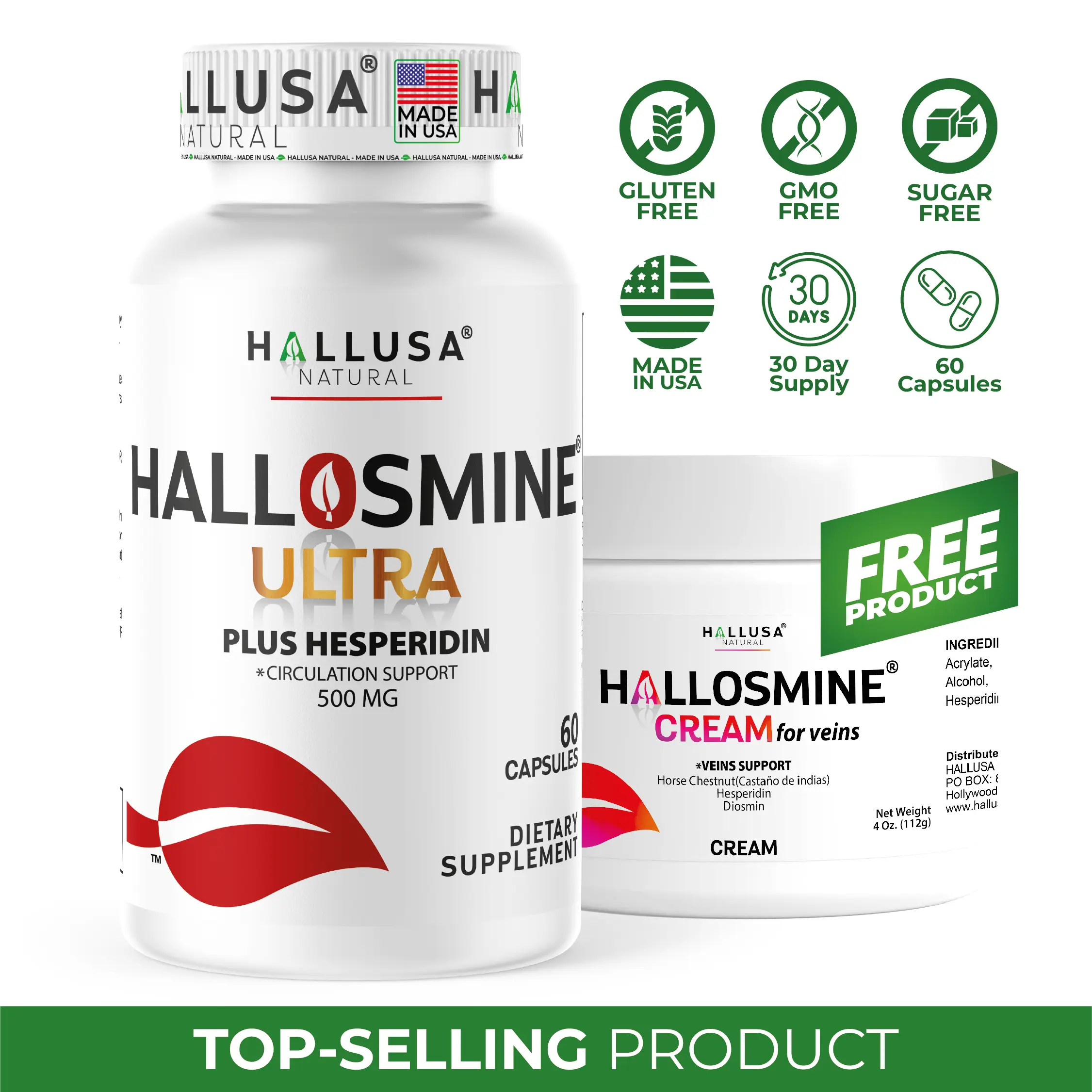 HALLUSA NATURAL HALLOSMINE ULTRA Edible Herbal Dietary Healthcare Supplements, 500mg Diosmin & Hesperidin, Circulation & Vein Support, 60 Capsules with Free Mint Cream