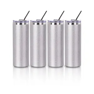 20 OZ Sublimation Skinny Straight Tumbler Glitter Silver With Metal Straw And Slide Lid 4 Pack