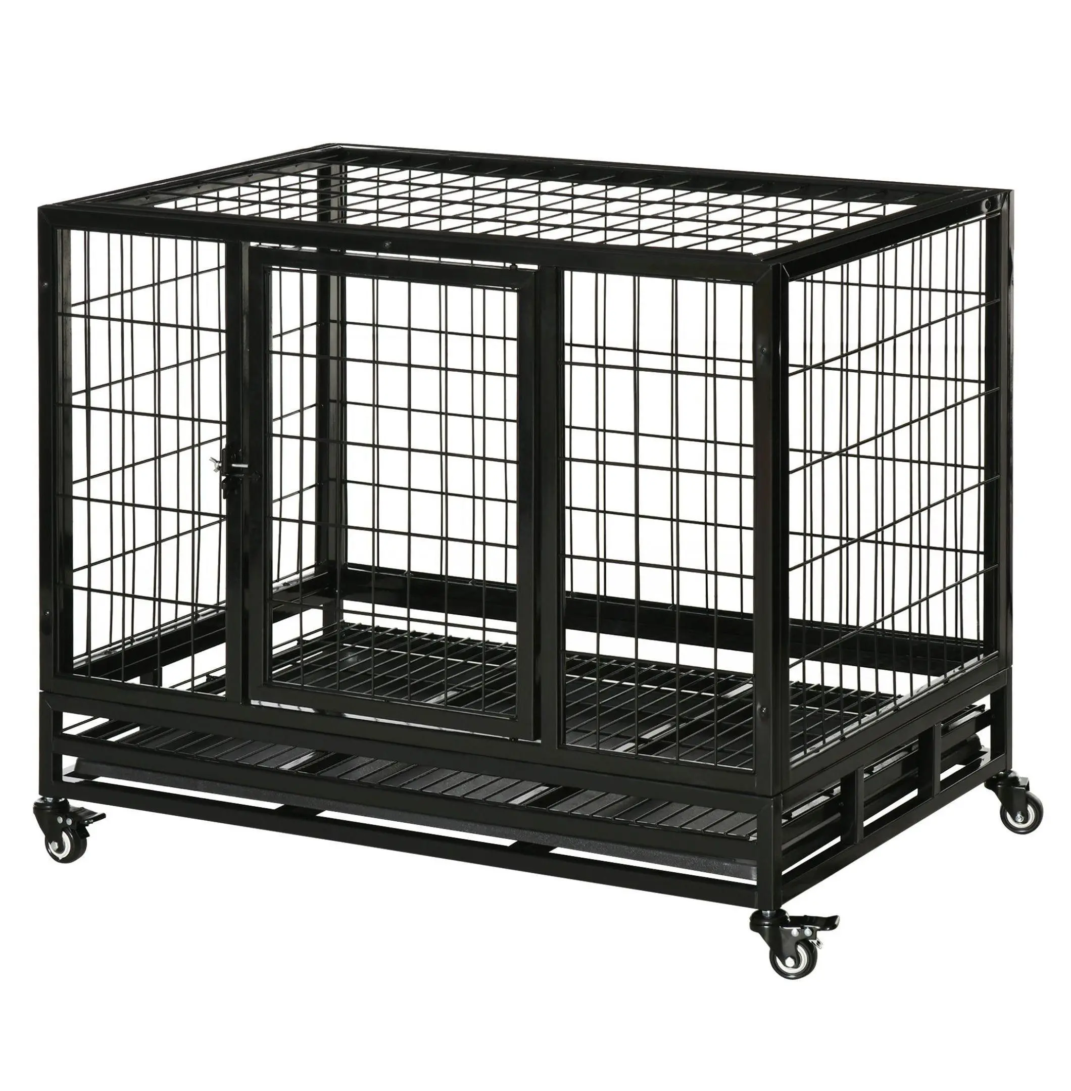 36" Heavy Duty Dog Crate with Wheels & Tray, Double Door Metal Kennel for Medium/Large Dogs Black