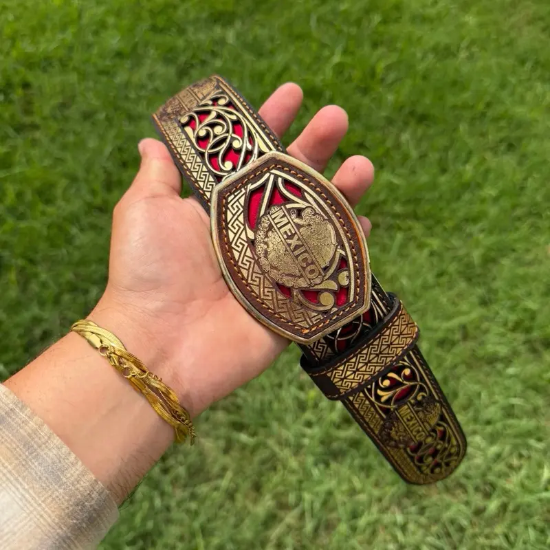 Mexico Brand Cinturon Corte Laser Dorado - Gold Color Belt with Intricate Design and Mexican Craftsmanship