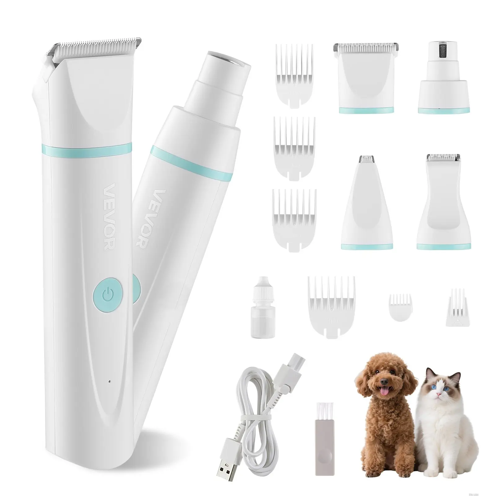 【DealsForYouDays】VEVOR Rechargeable Quiet Cut Dog Grooming Clippers Kit, 4-in-1 Cordless Waterproof Pet Trimmer with 6 Combs, 4 Detachable Blades, USB Charging, 1 Level, 0.53 lb Nail Grinder for Dogs