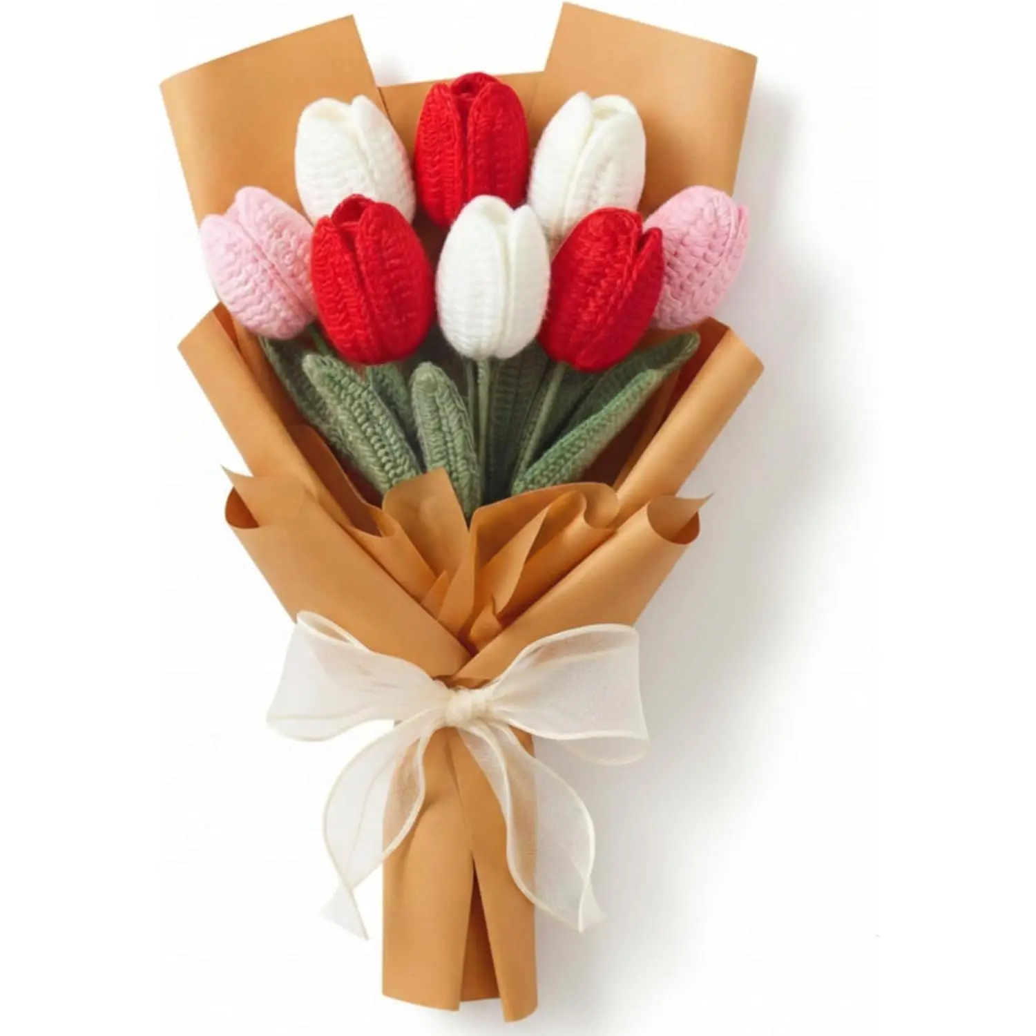 Crochet DIY Tulip Flower Bouquet Graduation Gift Handmade Flower Bouquet for Teacher Birthday Gifts Red Artificial Knitted Tulip Flowers for Women Wife Wedding Anniversary Graduation