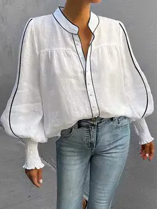 Women's Solid Long Sleeve Puff Sleeve Round Neck Top, Stretchy Loose Button Shirt Blouse for Casual Elegance, Stylish Women's Fashion