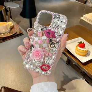 Chic Blush Pink Rhinestone Customized Cellphone Handbag Case - Detachable Chain, Stylish Protector Accessory for iPhone 17,16,16 Plus,15,14,11 Pro Max Smartphones, Accessories