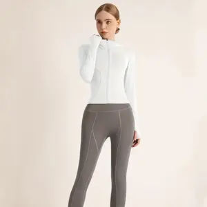 Full Zip Sport Jackets for Women Athleisure Comfortable Tops Simple Long Sleeve Stand Collar Jacket with Thumb Holes