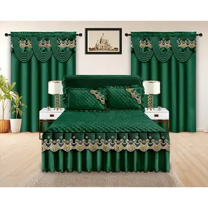 5 Pieces Bedroom Set with 2 Curtains 1 Sheet & 2 Pillowcases in Green Color for Home Decor