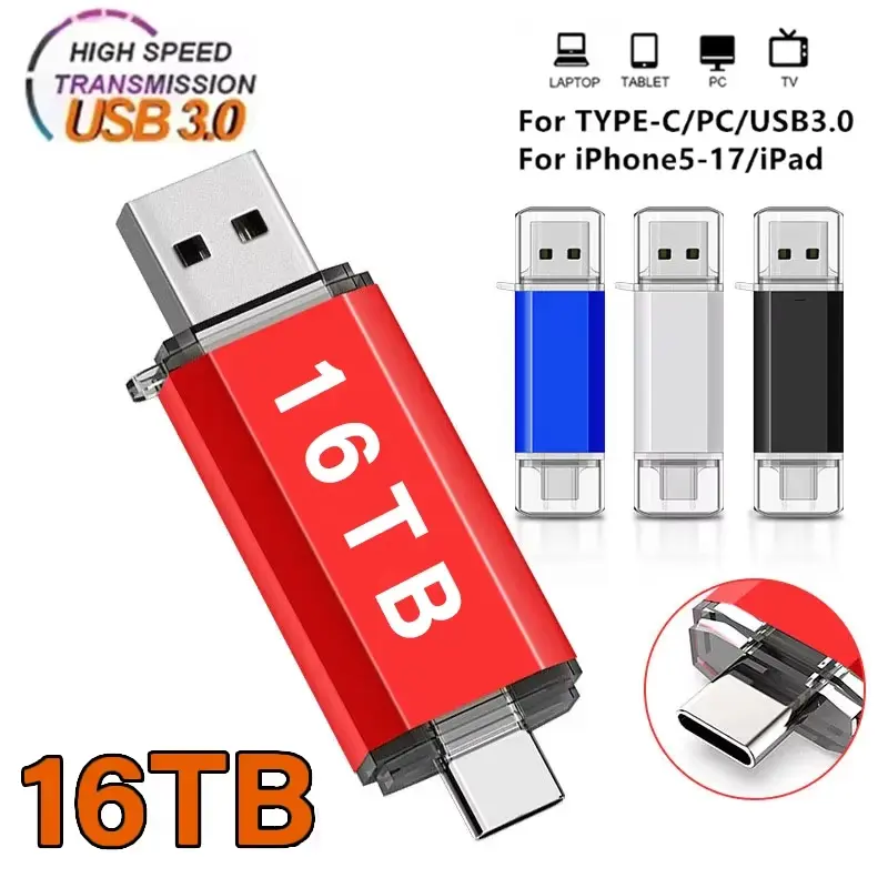 New 16TB 2 In 1 OTG USB Flash Drive 3.0 Type C 8TB 2TB 1TB Pendrive For iPhone Samsung Huawei Xiaomi Android Laptop Memory Stick