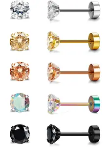 5 Pairs 20G Surgical Steel Flat Back Earrings for Men, Round CZ Tragus Ear Studs, Screw Back Ear Plugs Set 3MM-6MM