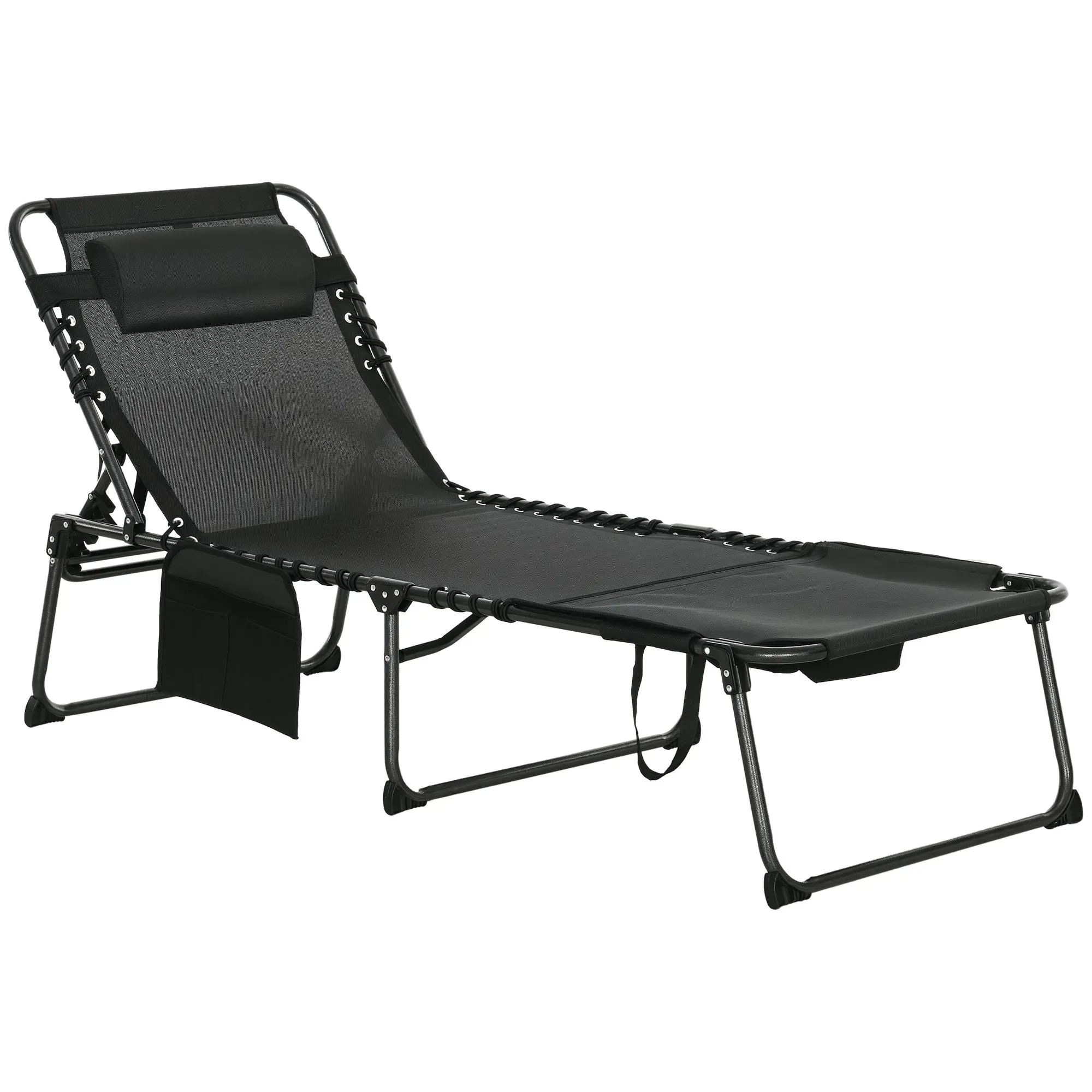 Outdoor Folding Pool Chair - Bouncy Bungee Suspension, Reading Hole, Head Pillow, Side Pocket for Phone/Book, Lightweight, Trunk-Fit - Adjustable Foldable, Collapsible Portable, Fold, Lightweight Adjustable Sunloungers for Patio, Adjustable Foldable Sunlo