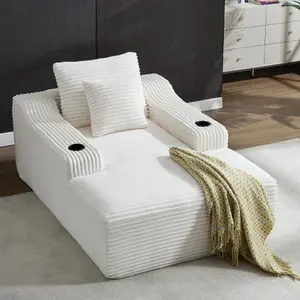 【Bellemave】67" Chaise Lounge Chair 9.9'' Wide Armrest Indoor Corduroy Oversized Sleeper Sofa for Living Room Deep Seat Lounge and Two Soft Pillows Convertible Boneless Sofa Bed, White, No Assembly Required