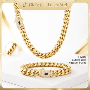 [2026 Luxury Collection] Gold Cuban Link Necklace & Bracelet Set | Iced S-Mark Clasp Chain | Premium Stainless Steel Jewelry Set