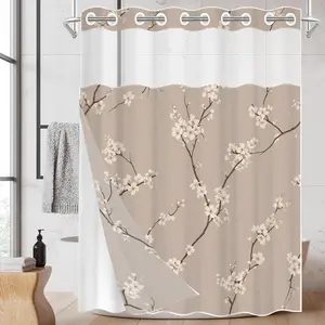 1pc hookless Removable Bathroom Shower Curtain with buckle lining, spring pink and white plum blossom design, 2D flat printing, fabric waterproof lining, see-through double-layer shower curtain, 71 x 74 inches, modern home draping curtain