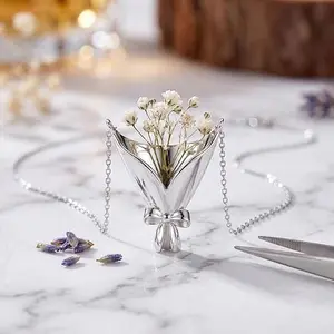 DIY Bouquet Necklace(without Flowers) Flower Vase Pendant for Women Mini Flower Holder Necklace Insert Real or Dried Flowers Minimalist Jewelry Mother Day Gift for Mom Trendy Chain