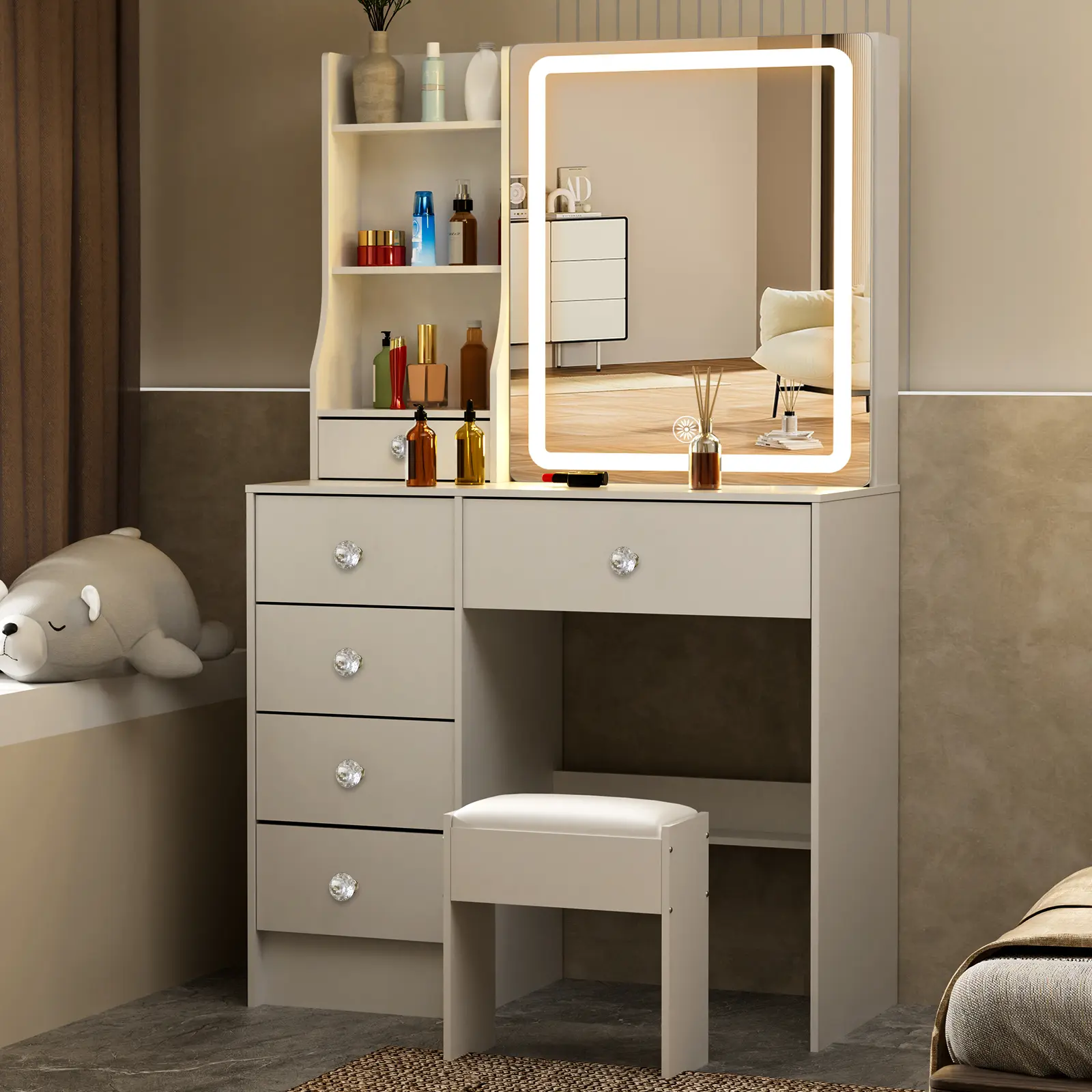 Vanity Table with Hidden Storage & LED lighted Mirror - Includes Padded Stool, 3 Compartments, 6 Drawers For Bedroom Makeup Dressing Table Set White