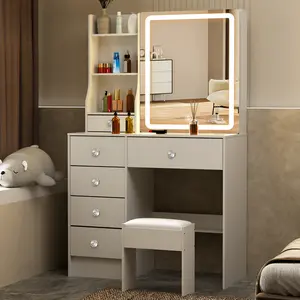 Vanity Table with Hidden Storage & LED lighted Mirror - Includes Padded Stool, 3 Compartments, 6 Drawers For Bedroom Makeup Dressing Table Set White
