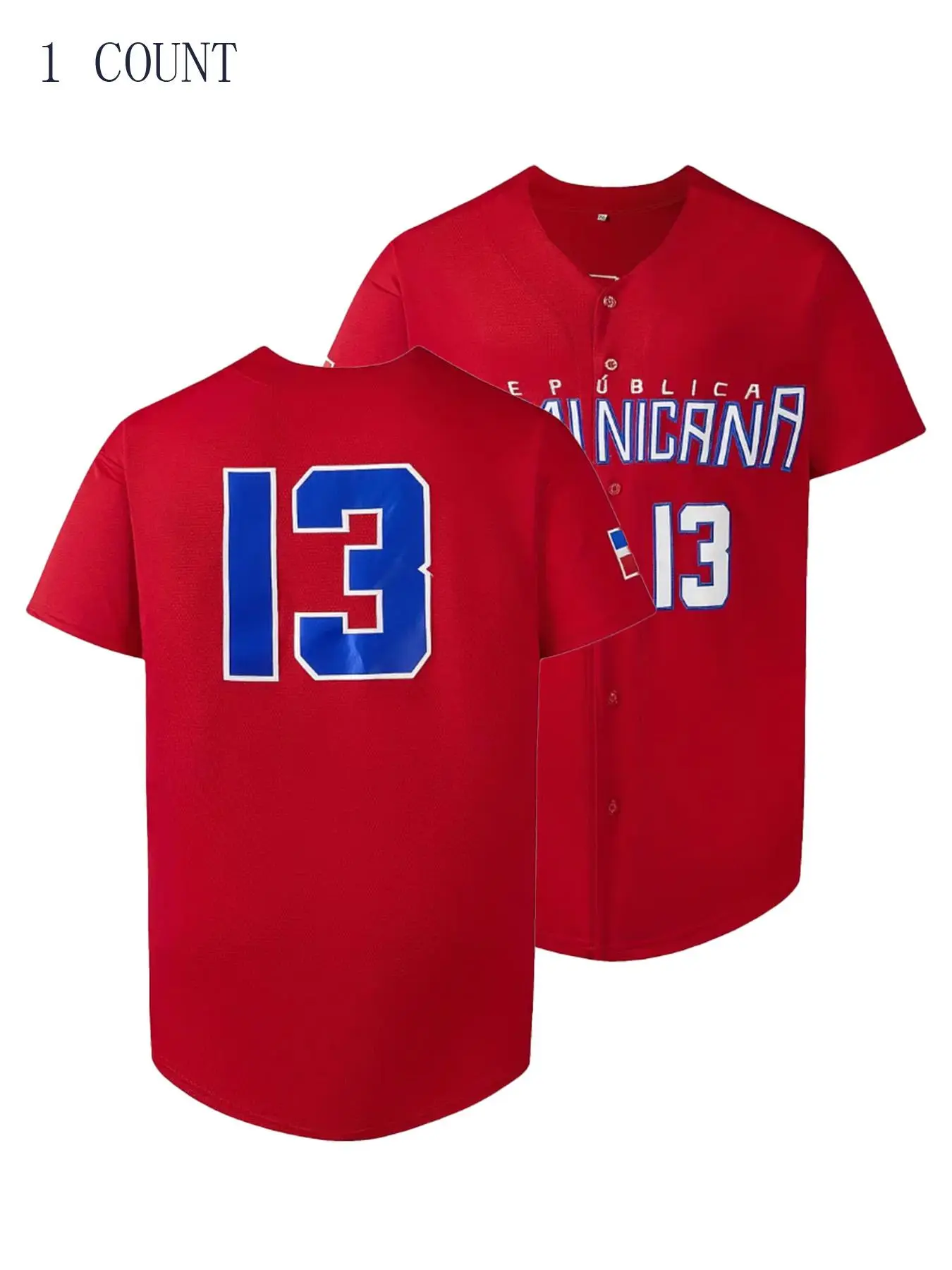 Men's Letter & Number Stitched Button Front Baseball Jersey, Embroidered Jersey, Casual Loose Short Sleeve V Neck DOMINICANA Baseball Top for Fall & Winter, Baseball Christmas Gifts, Jersey Tops, Jersey Shirt
