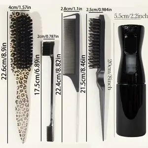 Professional Hair Styling Tool Set with Leopard Bristle Brush, Rat Tail Parting Comb, Edge Control Brush & Cleaning Tool for Sectioning, Detangling, Hairline Styling, Braiding and Daily Salon or Home Hairdressing Use Heatless Styling Kit, Hair Tools